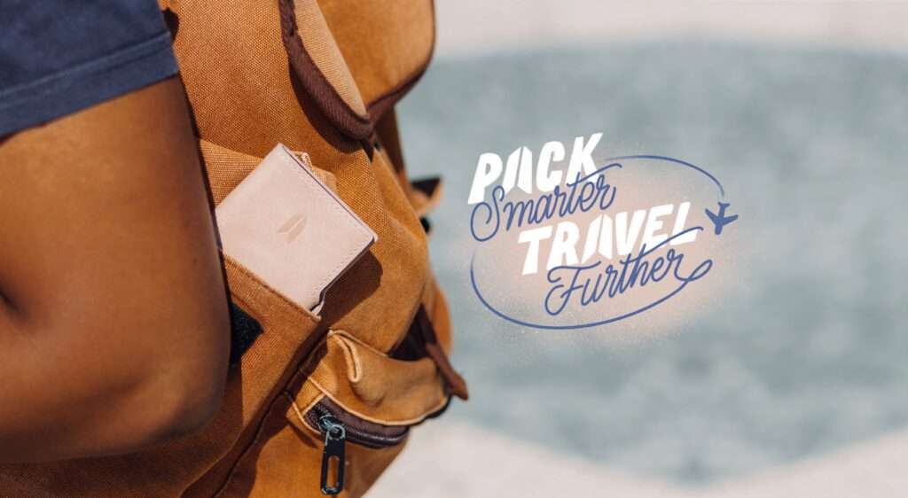 A person with a brown backpack, promoting the idea to 'Pack Smarter, Travel Further'.