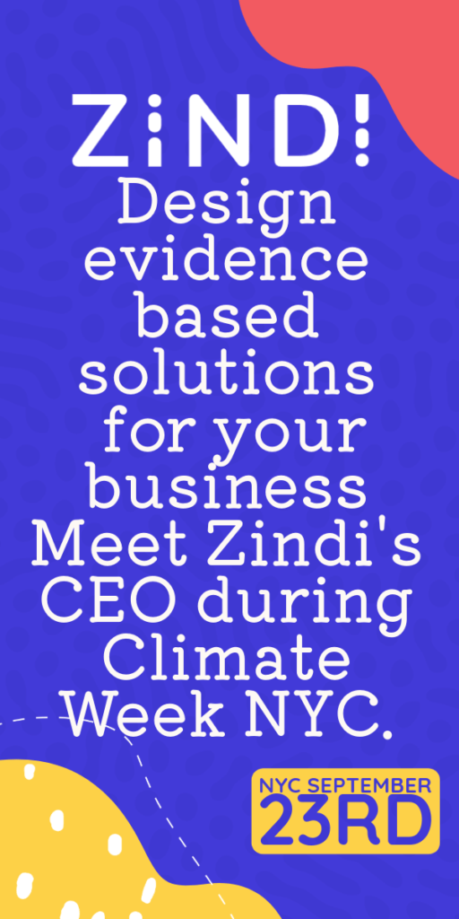Announcement for Zindi event on September 23rd in NYC during Climate Week, focusing on evidence-based business solutions.